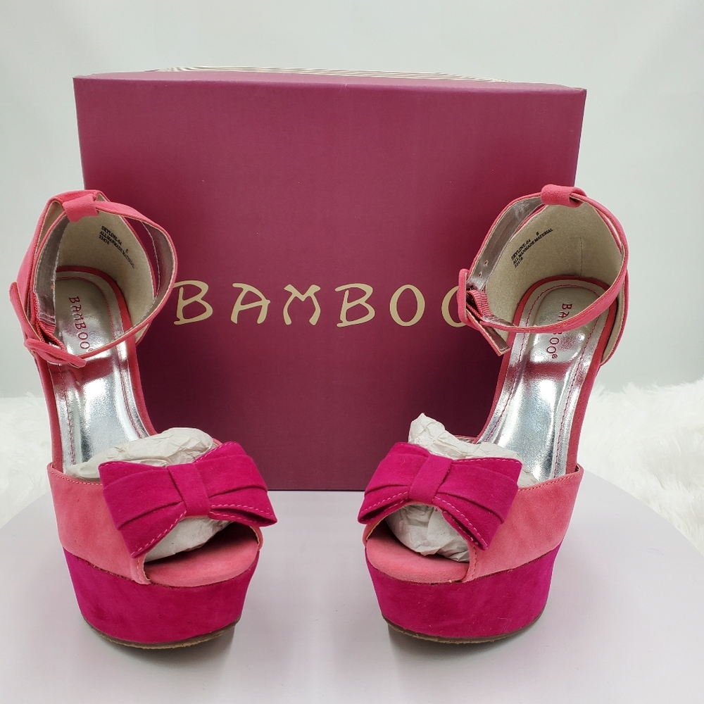 Bamboo Two-toned Pink Platform Heels with Bow Size 6